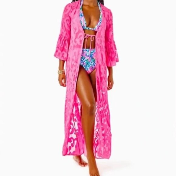 LILLY PULITZER MOTLEY MAXI COVERUP AURA PINK POLY CREPE SWIRLCLIP - Picture 1 of 6